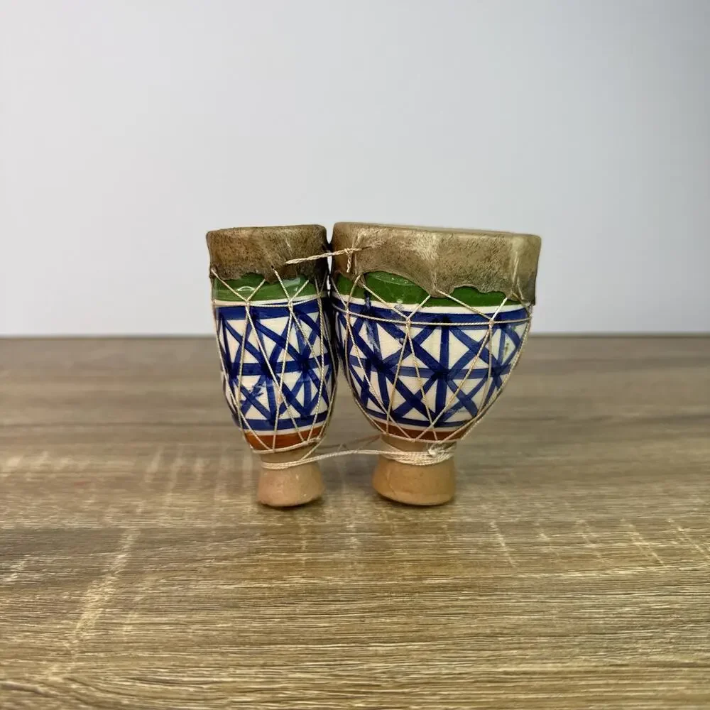 Vintage Hand-Painted Moroccan Tam-Tam Drums – Double Bongos Folk Art Miniature